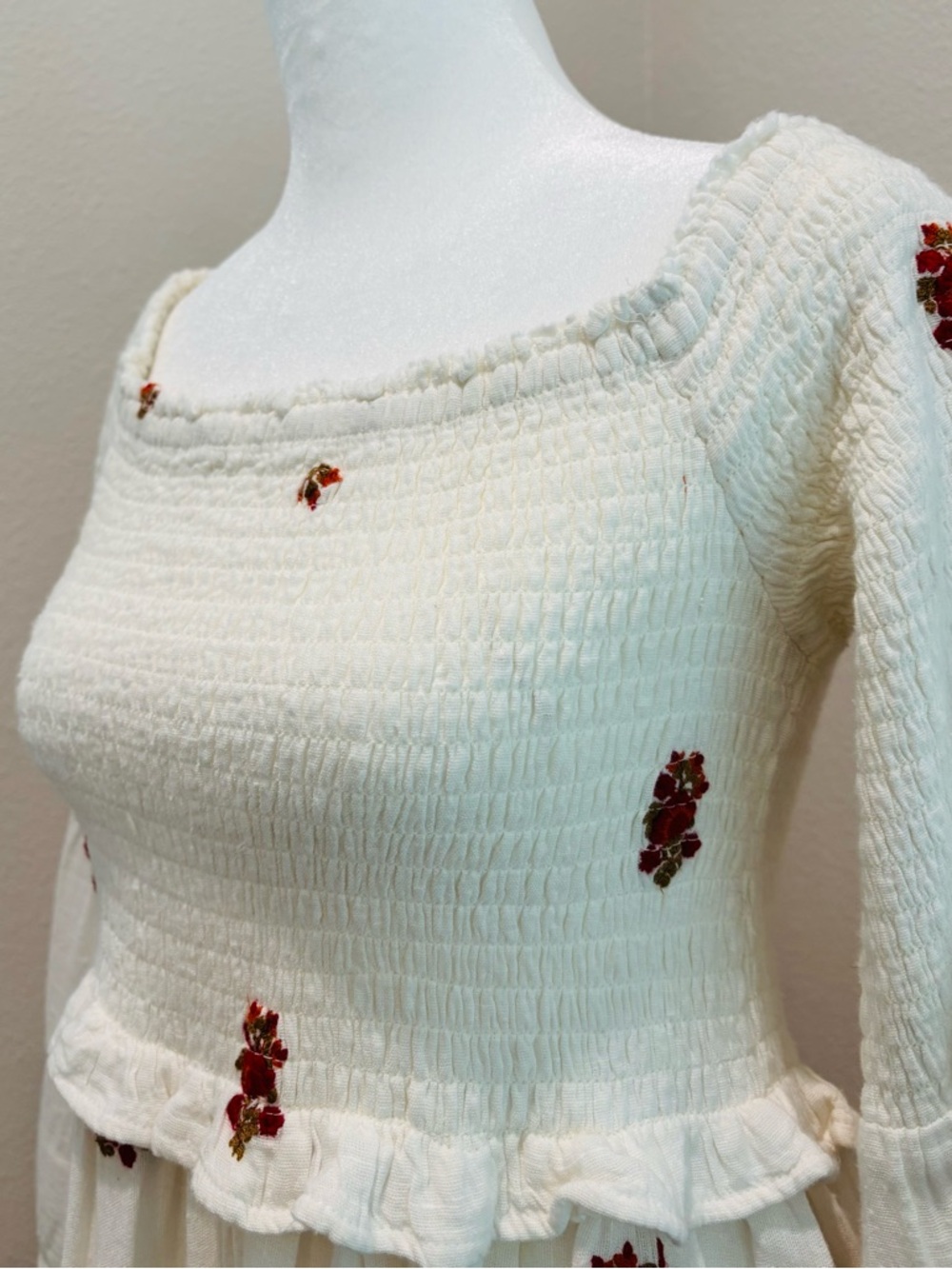 Free People Cream Smocked Bodice Mini Dress with Red Floral Embroidery - Picture 2 of 4